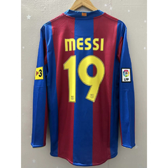 CAMISA RETRÔ DO BARCELONA - MESSI 19 - HOME MANGA LONGA 07/08 (PATCH LA LIGA)