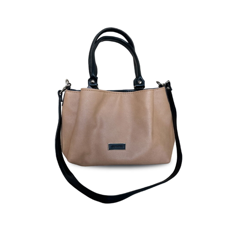 Cartera Benita taupe de cuero ecológico con manijas negras y correa regulable