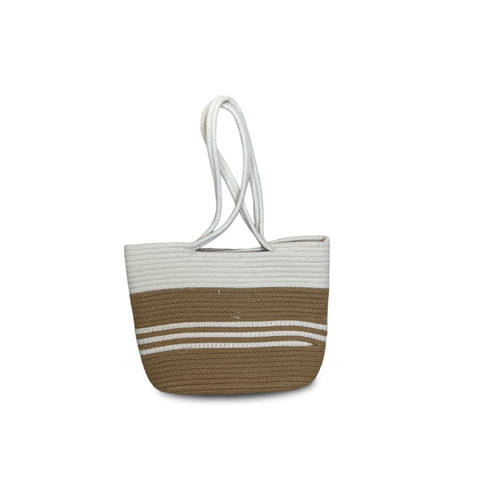 Bolso playero Candy camel y crudo de rafia con asas largas y diseño veraniego.