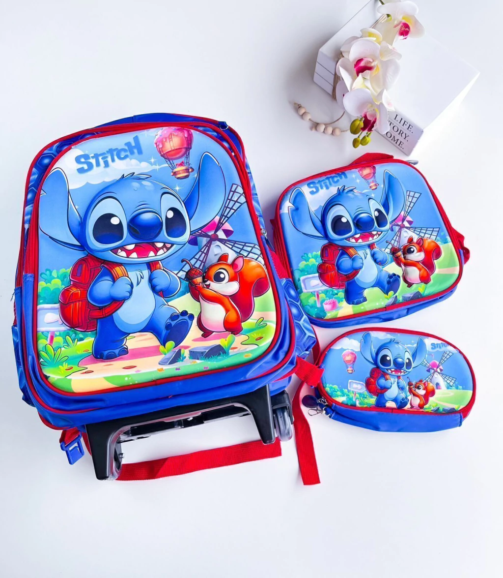 KIT MOCHILA STITCH COM RODINHAS 3 PEÇAS