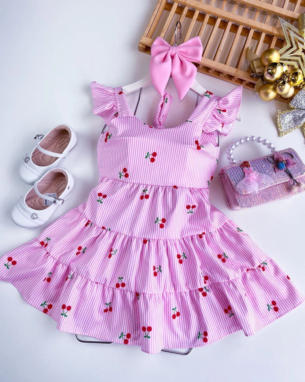 VESTIDO INFANTIL CEREJINHA AMARRACAO 4 A 10 ANOS