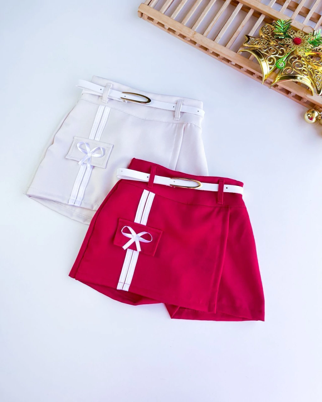 SAIA SHORT INFANTIL ALFAIATARIA COM CINTO NATAL 2 A 10 ANOS