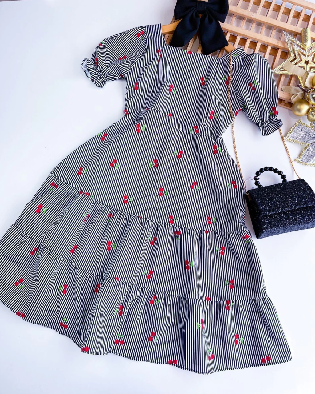 VESTIDO JUVENIL LISTRADO CEREJA 10 A 16 ANOS