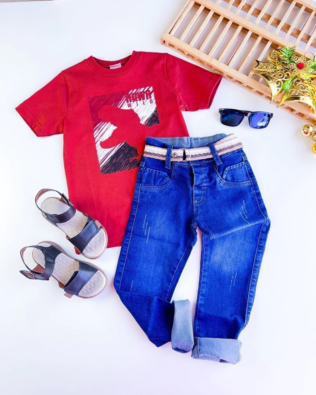 CALÇA JEANS INFANTIL MASCULINA COM CINTO 1 A 8 ANOS