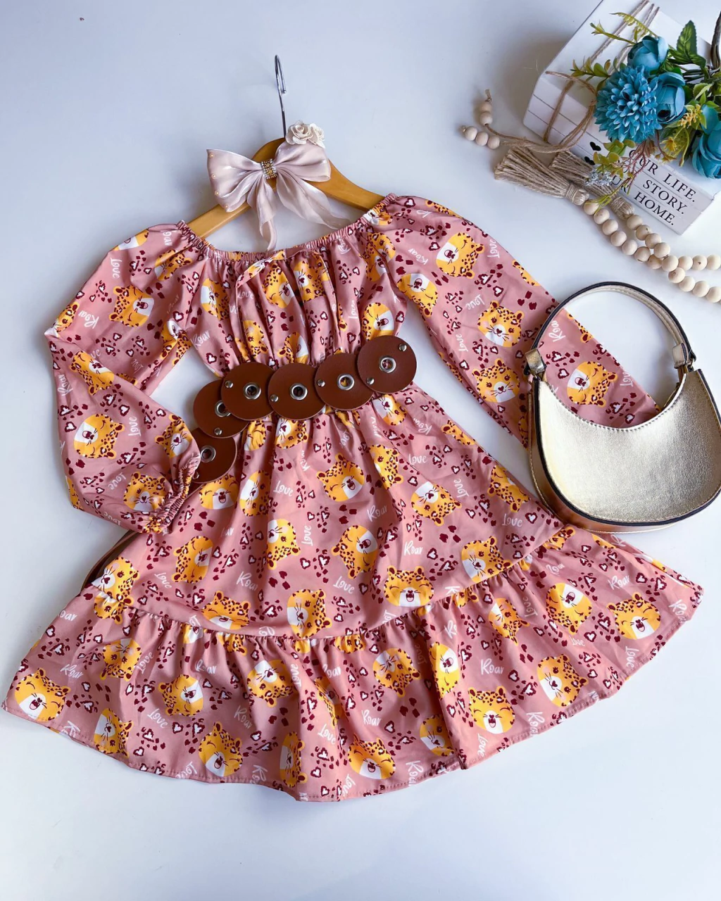 VESTIDO INFANTIL MANGA LONGA ONCINHA 4 A 10 ANOS