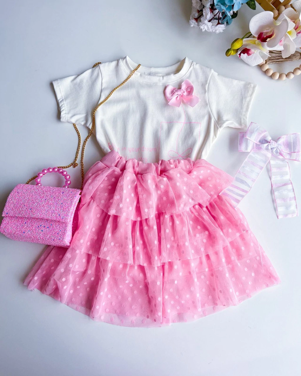 CONJUNTO INFANTIL LUXO SAIA DE TULE BABADO 4 A 12 ANOS