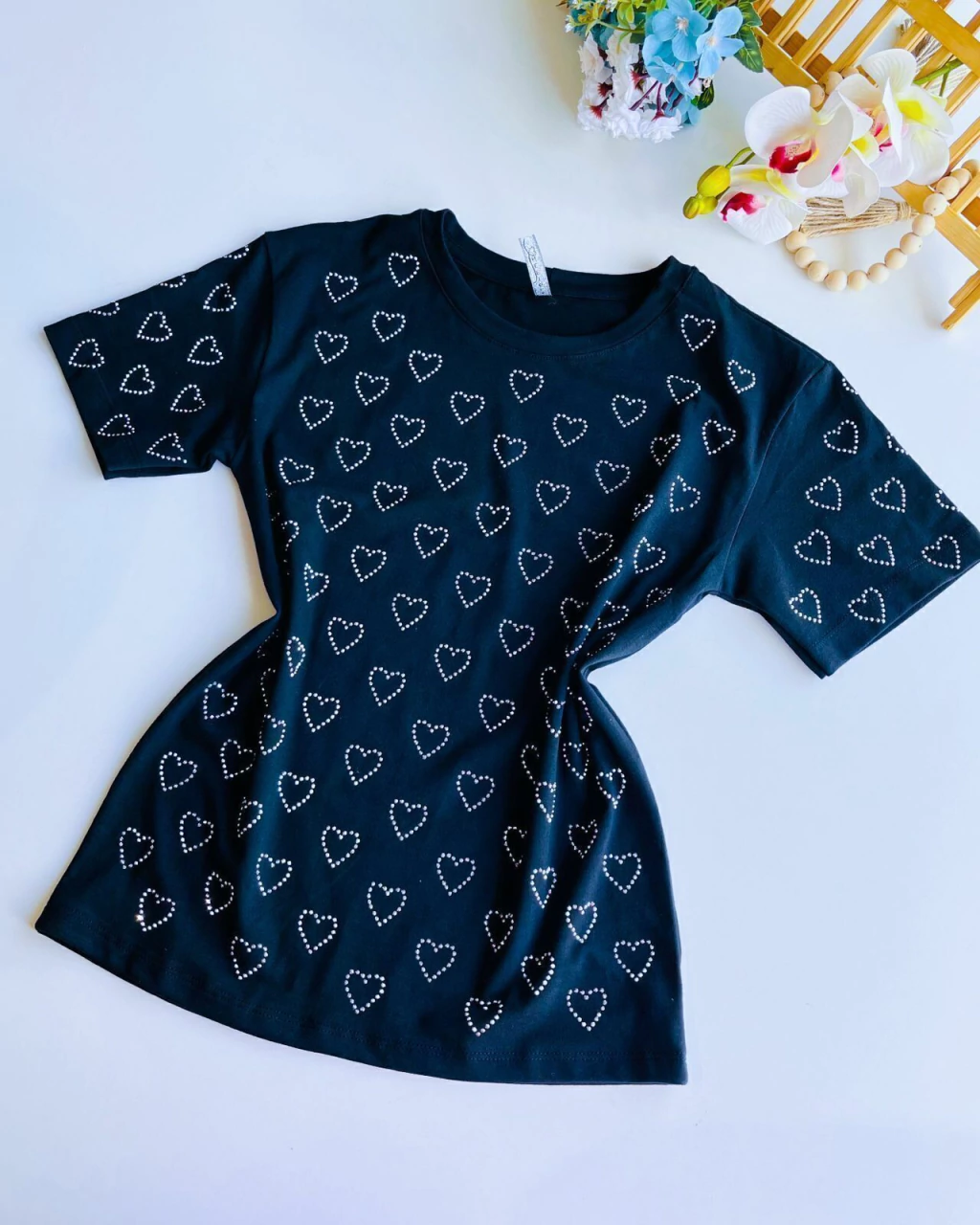 BLUSA JUVENIL STRASS CORACAO PRETA 10 A 16 ANOS