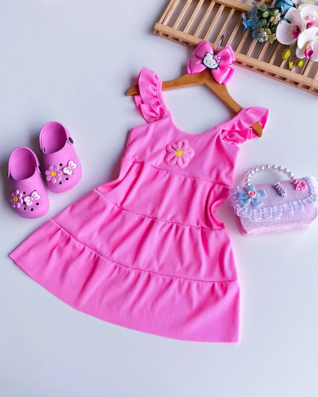 VESTIDO INFANTIL CANELADO 3 MARIAS FLOR 2 A 8 ANOS
