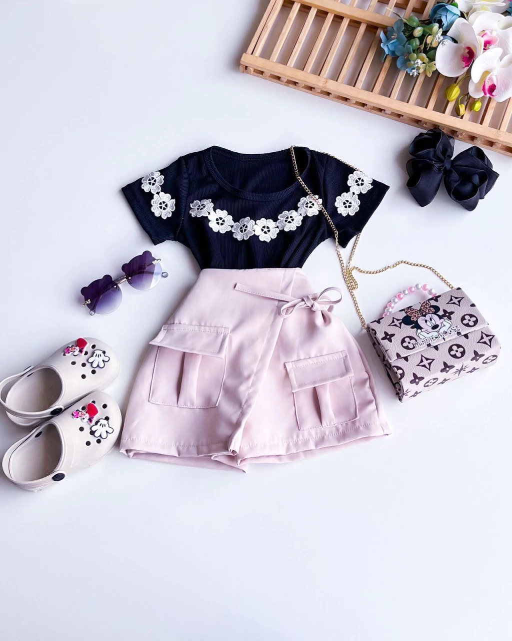 SHORT SAIA INFANTIL ALFAITARIA BOLSO NUDE 4 A 10 ANOS