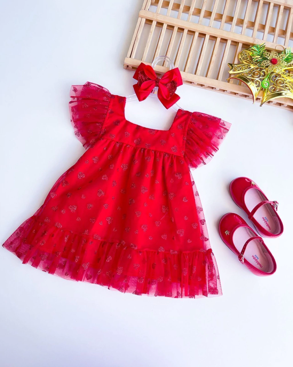 VESTIDO BABY LUXO COM TULE NATAL 6 MESES A 1 ANO