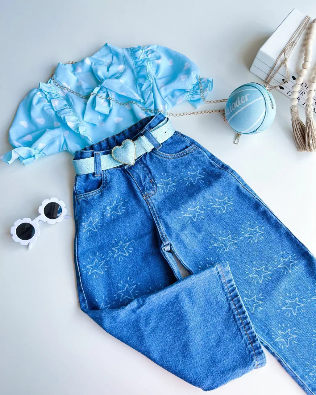 CALCA JEANS INFANTIL WIDE LEG ESTRELA 2 A 10 ANOS