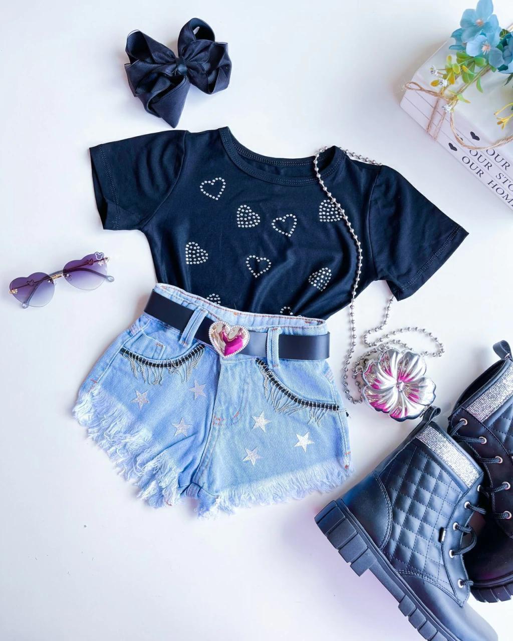 SHORT JEANS INFANTIL ESTRELA COM CINTO 2 A 10 ANOS