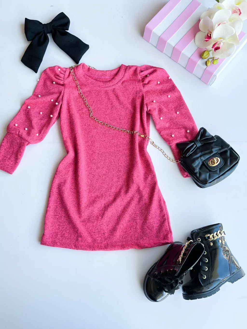 VESTIDO INFANTIL LANZINHA PEROLA MANGA LONGA 4 A 16 ANOS