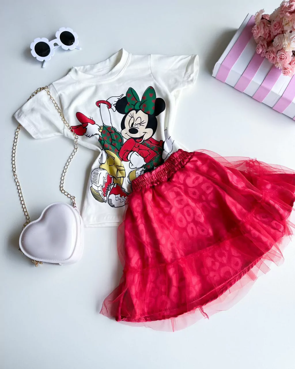 CONJUNTO INFANTIL MINNIE SAIA TULE VERMELHO NATAL