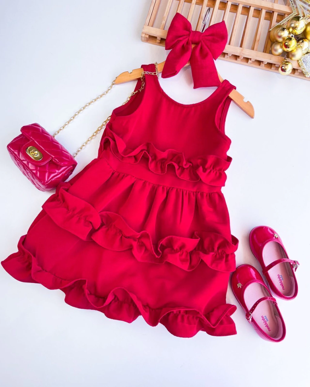 VESTIDO INFANTIL VERMELHO NATAL BABADO 2 A 10 ANOS