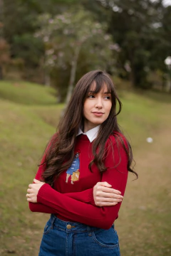 Imagem do Suéter Paddington - tricô feminino, vermelho, com mangas longas e bordado frontal