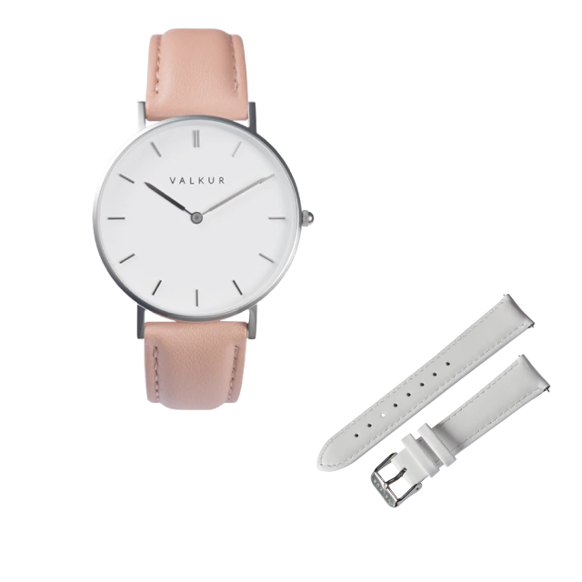 reloj mujer plateado correa de cuero rosa marca Valkur diseñado en Argentina