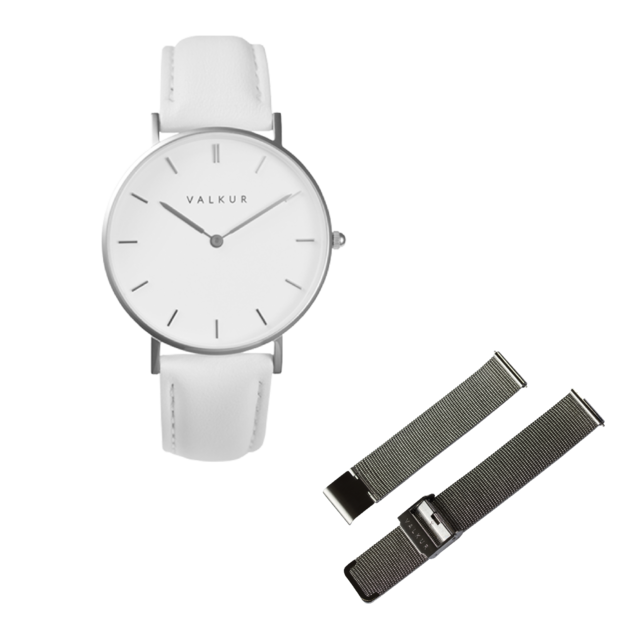 reloj mujer plateado con correa cuero blanco marca Valkur diseñado en Argentina