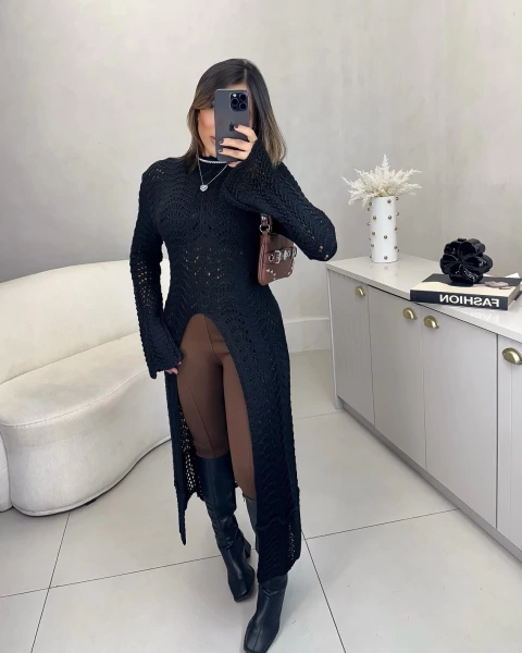 Túnica manga longa em tricot - preto - comprar online