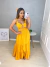 Conjunto cropped e saia midi mostarda