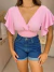 Cropped alça babados - rosa