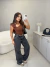 Blusa canelada com decote diagonal - marrom chocolate na internet