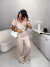 Conjunto de calça fluida com elástico e cropped com manga 3/4 - areia - online store
