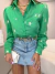 Camisa no tricoline bordada flores - verde bandeira