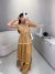 Vestido longo fluido com camadas e amarração no busto - caramelo - comprar online