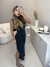 Vestido midi regata franzido com fenda - preto