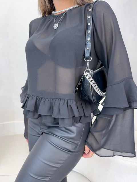 Blusa manga longa com transparência babados - preto - comprar online