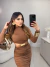Vestido franzido manga longa com detalhe dourado e recorte na cintura - Marrom on internet