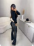 Calça barra reta em couro resinado - preto - online store