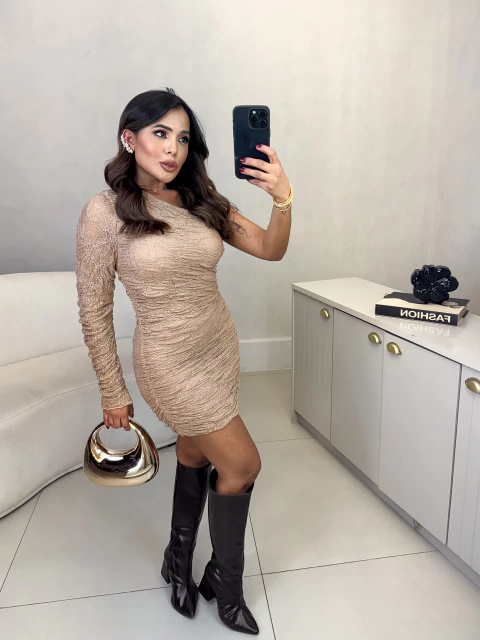 Vestido nula manga franzido com aplicação de pedraria - nude - buy online