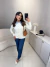 Blusa manga longa em modal com aplicação de gola em listras - off white - loja online