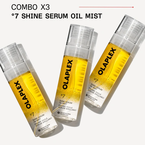 Combo de tres frascos de Olaplex º7 Shine Serum Oil Mist para estilizado y brillo del cabello.