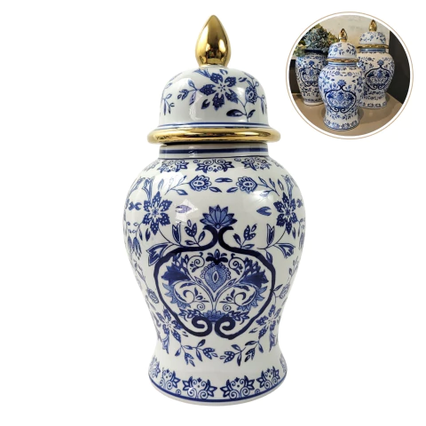 Pote Potiche Porcelana Azul E Branco Floral Decoração 36cm