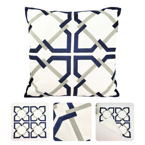 Capa Para Almofada Azul Branca Geométrica Macramê 45x45cm