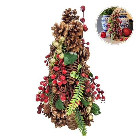 Árvore De Natal Decorativa Com Pinhas E Berries 33cm