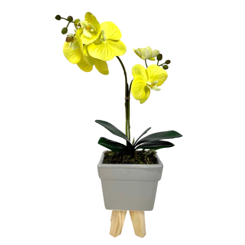 Arranjo De Orquídea Amarela Vaso Cinza 50cm Inigual