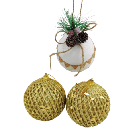 Bola De Natal Dourada E Branca 8cm Para Árvore Kit 3pc