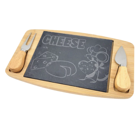 Kit Tábua De Queijo Frios Petiscos Faca Garfo Bambu Pedra