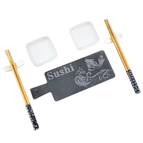 Kit Comida Japonesa 7pç Sushi Ardósia Cerâmica Hashi