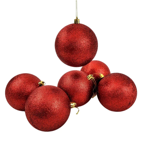 Bola De Natal Vermelha Glitter 10cm Para Árvore Kit 6pc