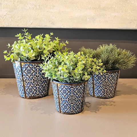 Kit 3 Vasos Cerâmica Mosaico Português Com Planta Artificial