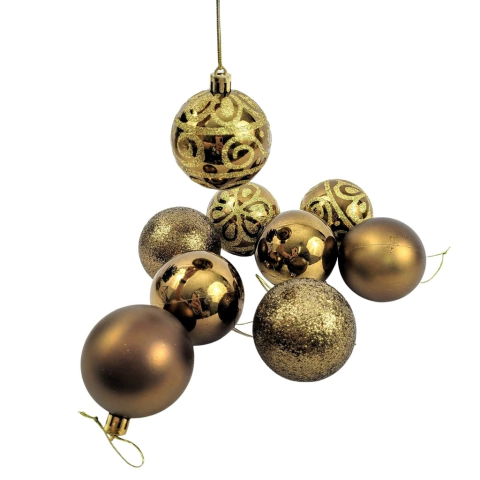 Bola De Natal Bronze Decorada 6cm Para Árvore Kit 9pc