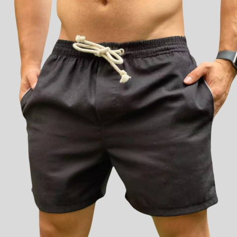 Short Masculino Preto Linho Premium Estiloso e Leve para Praia
