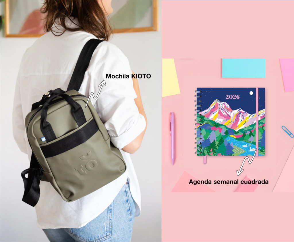 Combo mochila KIOTO + Agenda 2026 semanal cuadrada