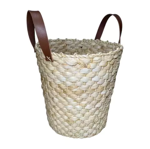 Cesto Cachepo Palha Roberto c Alça Couro 29X32A CM