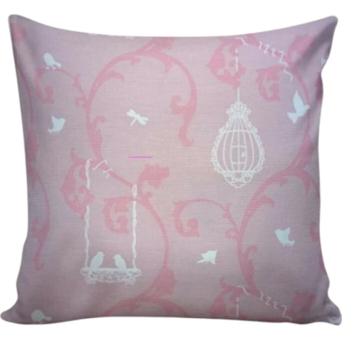 Capa Almofada 40x40cm Rosa Bebe Passarinhos Gaiola - comprar online